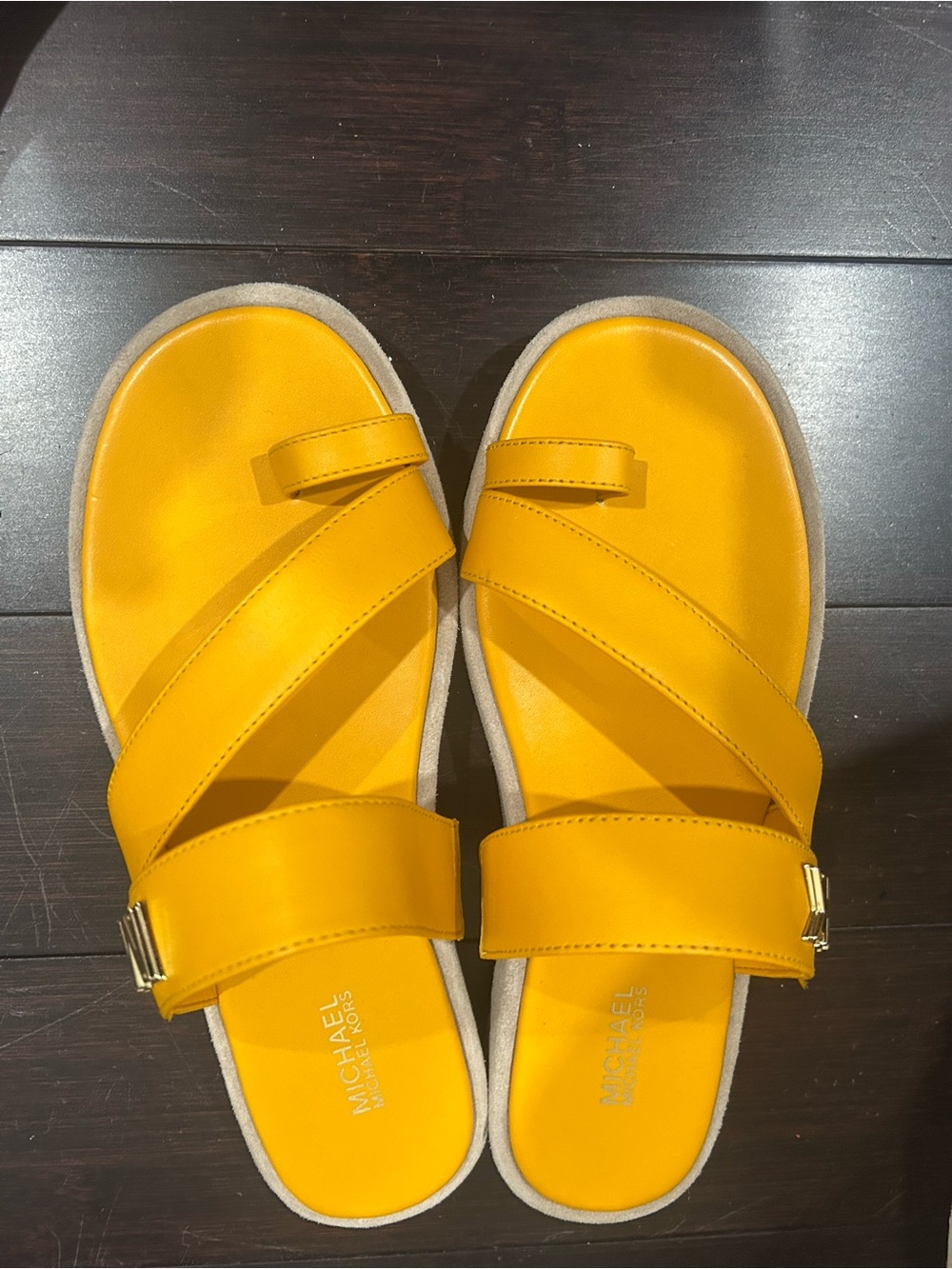 Michael Kors Yellow Crisscross Slide Sandals with Gold Accent